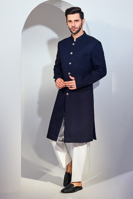 Buy Chatenya Mittal Blue Viscose Diamond Pattern Achkan With Pant Online at Aza Fashions Buy_Chatenya Mittal_Blue Viscose Diamond Pattern Achkan With Pant_Online_at_Aza_Fashions