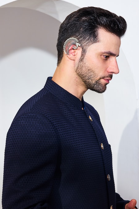 Shop Chatenya Mittal Blue Viscose Diamond Pattern Achkan With Pant Online at Aza Fashions Shop_Chatenya Mittal_Blue Viscose Diamond Pattern Achkan With Pant_Online_at_Aza_Fashions