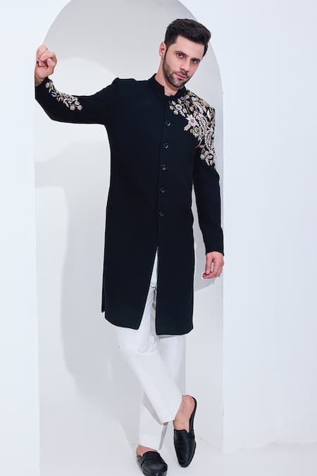 Buy Chatenya Mittal Black Viscose Embroidery French Bloom Achkan With Pant Online at Aza Fashions Buy_Chatenya Mittal_Black Viscose Embroidery French Bloom Achkan With Pant _Online_at_Aza_Fashions