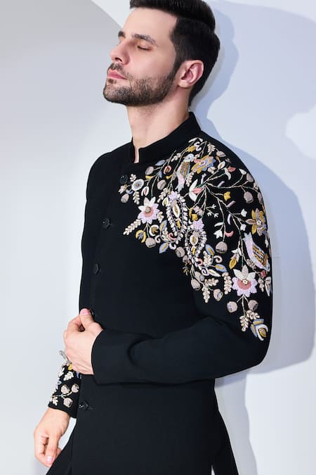 Shop Chatenya Mittal Black Viscose Embroidery French Bloom Achkan With Pant Online at Aza Fashions Shop_Chatenya Mittal_Black Viscose Embroidery French Bloom Achkan With Pant _Online_at_Aza_Fashions
