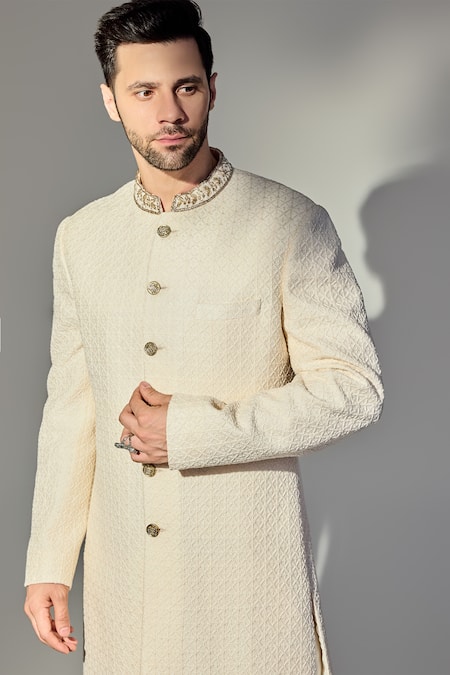 Chatenya Mittal_Off White Georgette Embroidery Clover Bloom Achkan Set _Online_at_Aza_Fashions