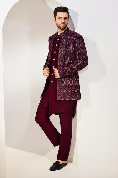 Buy Chatenya Mittal Maroon Silk Sequins, Embroidery Paisley Bloom Long Bundi Set Online at Aza Fashions Buy_Chatenya Mittal_Maroon Silk Sequins, Embroidery Paisley Bloom Long Bundi Set _Online_at_Aza_Fashions