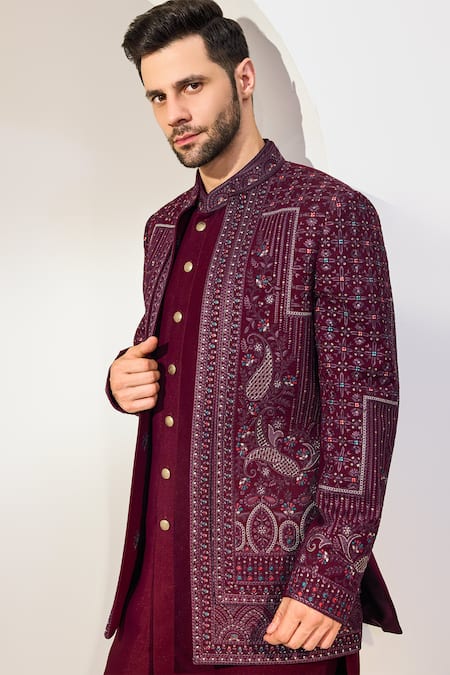 Shop Chatenya Mittal Maroon Silk Sequins, Embroidery Paisley Bloom Long Bundi Set Online at Aza Fashions Shop_Chatenya Mittal_Maroon Silk Sequins, Embroidery Paisley Bloom Long Bundi Set _Online_at_Aza_Fashions