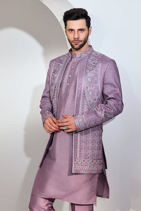 Buy_Chatenya Mittal_Purple Silk Embroidery Phool Long Bundi Set _Online_at_Aza_Fashions