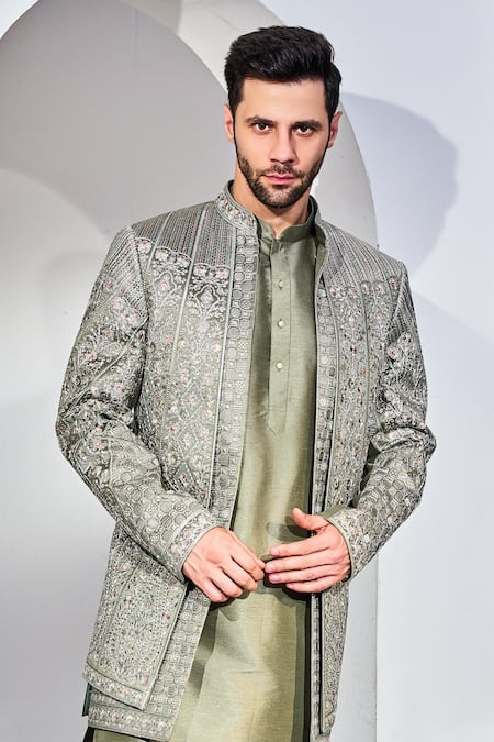 Buy Chatenya Mittal Green Silk Embroidery Mughal Phool Bundi Set Online at Aza Fashions Buy_Chatenya Mittal_Green Silk Embroidery Mughal Phool Bundi Set _Online_at_Aza_Fashions