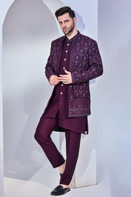 Chatenya Mittal Purple Silk Blend Embroidery Gul Bloom Long Bundi Kurta Set 