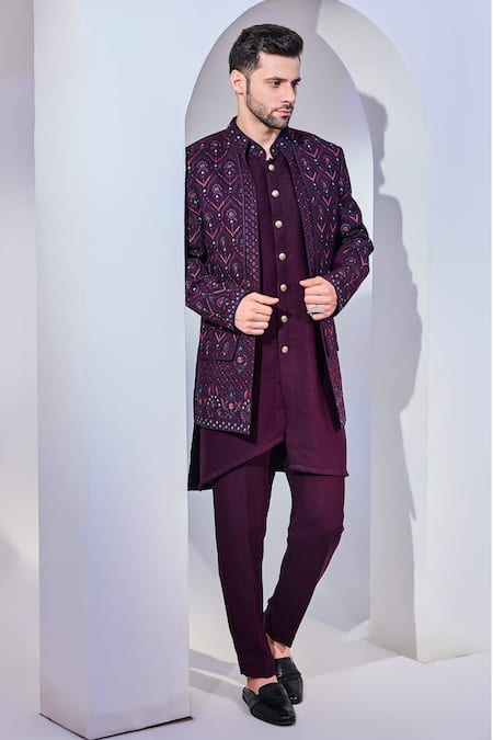 Chatenya Mittal Purple , Satin Sequins, Embroidery Gul Bloom Long Bundi Set Online at Aza Fashions Chatenya Mittal_Purple , Satin Sequins, Embroidery Gul Bloom Long Bundi Set_Online_at_Aza_Fashions