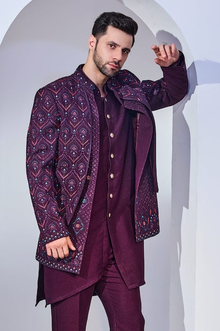 Shop Chatenya Mittal Purple , Satin Sequins, Embroidery Gul Bloom Long Bundi Set Online at Aza Fashions Shop_Chatenya Mittal_Purple , Satin Sequins, Embroidery Gul Bloom Long Bundi Set_Online_at_Aza_Fashions