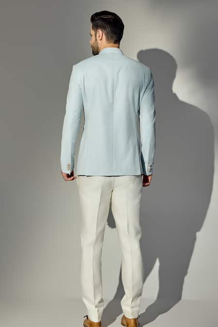 Shop Chatenya Mittal Blue Wool Star Textured Bandhgala With Trouser at Aza Fashions Shop_Chatenya Mittal_Blue Wool Star Textured Bandhgala With Trouser_at_Aza_Fashions