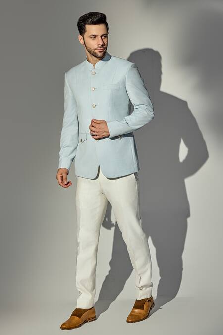 Chatenya Mittal Blue Wool Star Textured Bandhgala With Trouser Online at Aza Fashions Chatenya Mittal_Blue Wool Star Textured Bandhgala With Trouser_Online_at_Aza_Fashions