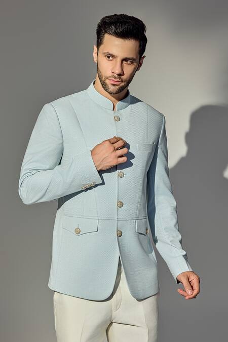 Buy Chatenya Mittal Blue Wool Star Textured Bandhgala With Trouser Online at Aza Fashions Buy_Chatenya Mittal_Blue Wool Star Textured Bandhgala With Trouser_Online_at_Aza_Fashions