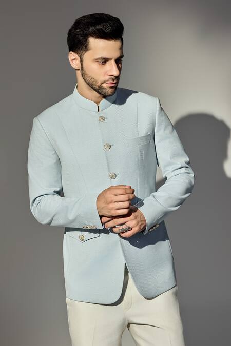 Shop Chatenya Mittal Blue Wool Star Textured Bandhgala With Trouser Online at Aza Fashions Shop_Chatenya Mittal_Blue Wool Star Textured Bandhgala With Trouser_Online_at_Aza_Fashions