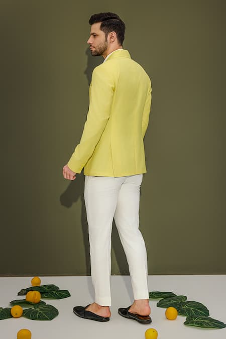 Shop_Chatenya Mittal_Yellow Wool Solid Lapel Collar Blazer _at_Aza_Fashions