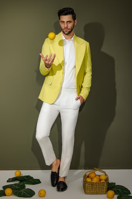 Chatenya Mittal_Yellow Wool Solid Lapel Collar Blazer _Online_at_Aza_Fashions