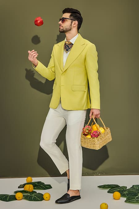 Buy_Chatenya Mittal_Yellow Wool Solid Lapel Collar Blazer _Online_at_Aza_Fashions