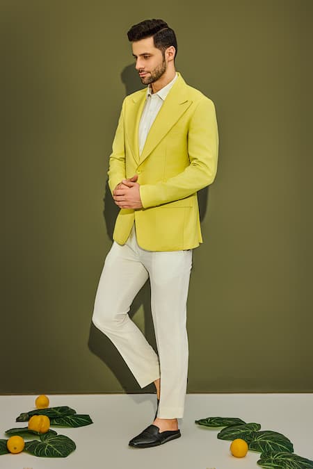 Shop_Chatenya Mittal_Yellow Wool Solid Lapel Collar Blazer _Online_at_Aza_Fashions