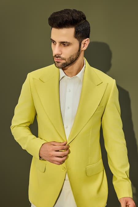 Chatenya Mittal_Yellow Wool Solid Lapel Collar Blazer _at_Aza_Fashions