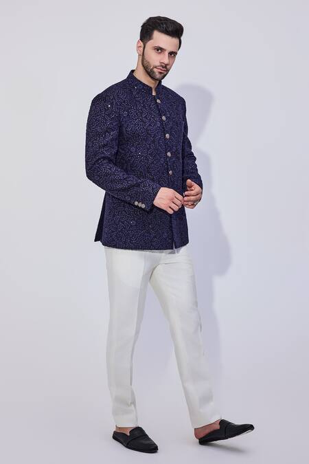 Chatenya Mittal Blue Georgette, Cotton Sequins, Embroidery Bahar Bandhgala With Trouser Online at Aza Fashions Chatenya Mittal_Blue Georgette, Cotton Sequins, Embroidery Bahar Bandhgala With Trouser _Online_at_Aza_Fashions