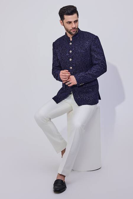 Shop Chatenya Mittal Blue Georgette, Cotton Sequins, Embroidery Bahar Bandhgala With Trouser Online at Aza Fashions Shop_Chatenya Mittal_Blue Georgette, Cotton Sequins, Embroidery Bahar Bandhgala With Trouser _Online_at_Aza_Fashions