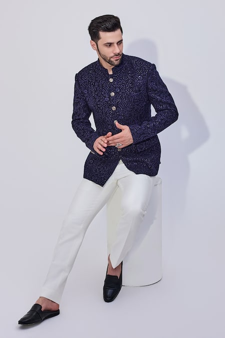 Chatenya Mittal Blue Georgette, Cotton Sequins, Embroidery Bahar Bandhgala With Trouser at Aza Fashions Chatenya Mittal_Blue Georgette, Cotton Sequins, Embroidery Bahar Bandhgala With Trouser _at_Aza_Fashions