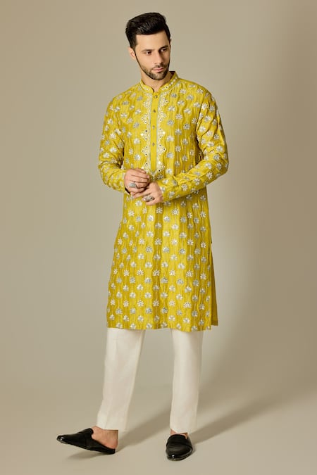 Chatenya Mittal Yellow Silk Blend Embroidery Mirror Padma Kurta 