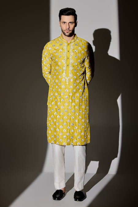 Chatenya Mittal_Yellow Silk Mirrors Padma Embroidered Kurta For Kids_Online_at_Aza_Fashions