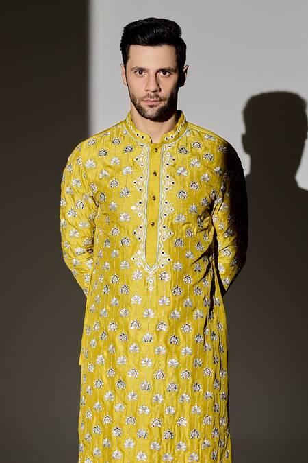 Buy_Chatenya Mittal_Yellow Silk Mirrors Padma Embroidered Kurta For Kids_Online_at_Aza_Fashions