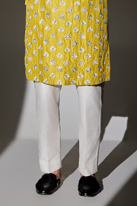 Shop_Chatenya Mittal_Yellow Silk Mirrors Padma Embroidered Kurta For Kids_Online_at_Aza_Fashions