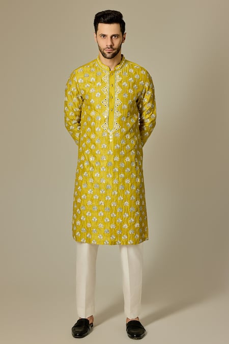 Chatenya Mittal_Yellow Silk Mirrors Padma Embroidered Kurta For Kids_at_Aza_Fashions