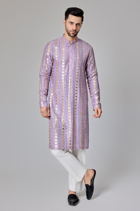 Chatenya Mittal Purple Silk Blend Embroidery Leather Patch And Mirror Vine Kurta 