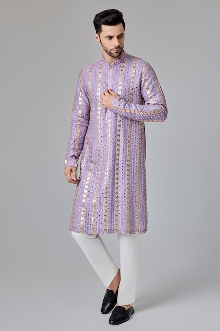 Chatenya Mittal_Purple , Satin Mirrors And Leather Patch Embroidered Kurta For Kids_Online_at_Aza_Fashions