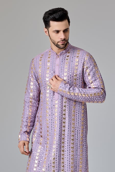 Buy_Chatenya Mittal_Purple , Satin Mirrors And Leather Patch Embroidered Kurta For Kids_Online_at_Aza_Fashions