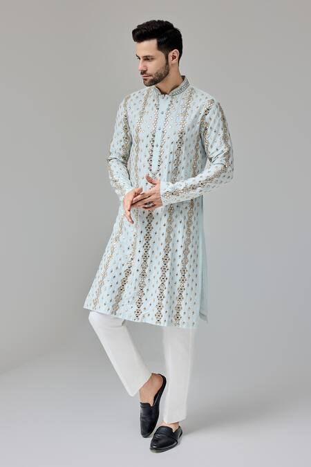 Chatenya Mittal_Blue Silk Mirrors, Zari And Embroidered Kurta For Kids_Online_at_Aza_Fashions