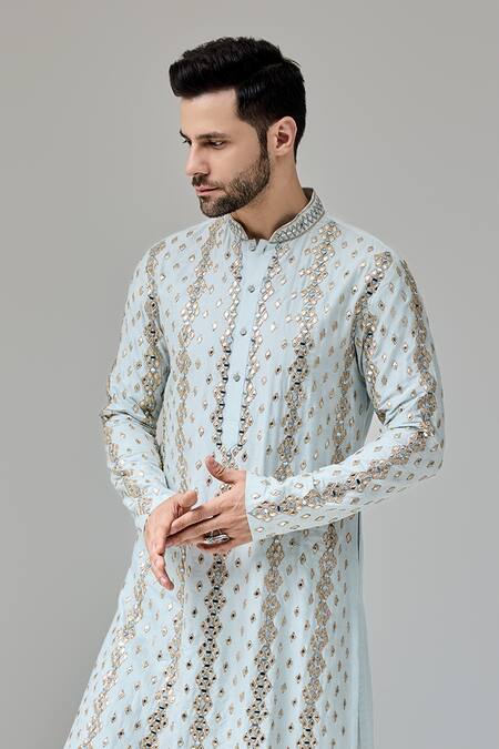 Buy_Chatenya Mittal_Blue Silk Mirrors, Zari And Embroidered Kurta For Kids_Online_at_Aza_Fashions