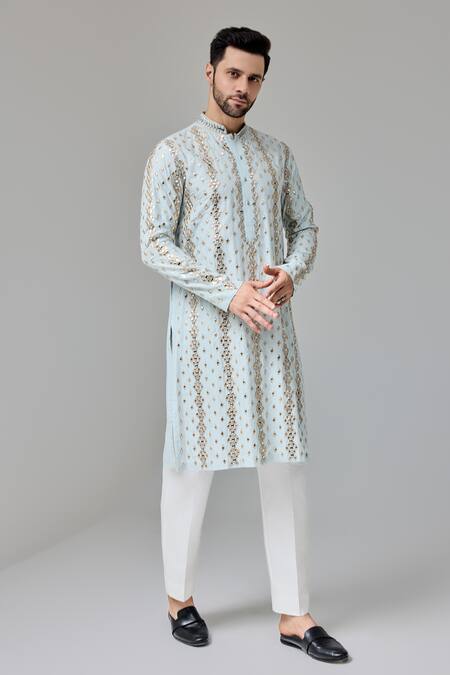 Shop_Chatenya Mittal_Blue Silk Mirrors, Zari And Embroidered Kurta For Kids_Online_at_Aza_Fashions