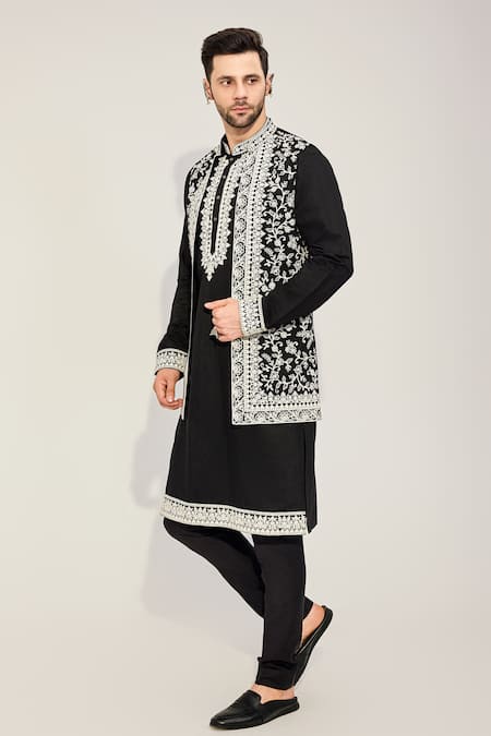 Chatenya Mittal_Black Silk, Polyester Embroidery Gullista Bundi Kurta Set _Online_at_Aza_Fashions