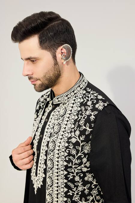 Buy_Chatenya Mittal_Black Silk, Polyester Embroidery Gullista Bundi Kurta Set _Online_at_Aza_Fashions