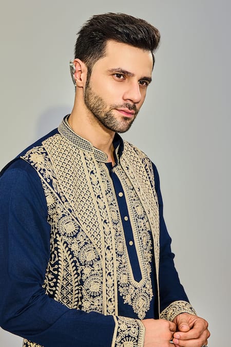 Chatenya Mittal_Blue Silk Embroidery Bahar Shamiyana Bundi Kurta Set _Online_at_Aza_Fashions