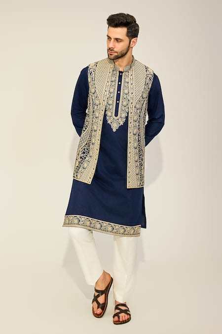 Shop_Chatenya Mittal_Blue Silk Embroidery Bahar Shamiyana Bundi Kurta Set _Online_at_Aza_Fashions