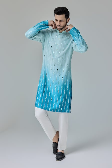 Chatenya Mittal_Blue Silk Embroidery Ombre Sheesh Kurta For Kids_Online_at_Aza_Fashions