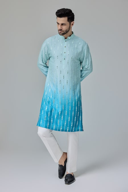Buy_Chatenya Mittal_Blue Silk Embroidery Ombre Sheesh Kurta For Kids_Online_at_Aza_Fashions