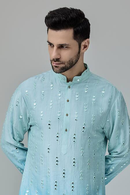 Shop_Chatenya Mittal_Blue Silk Embroidery Ombre Sheesh Kurta For Kids_Online_at_Aza_Fashions
