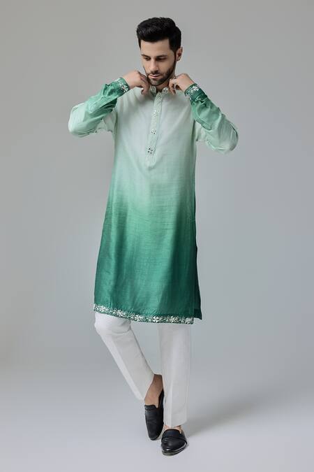 Chatenya Mittal_Green Silk Mirrors, Embroidery Flora Border Ombre Kurta For Kids_Online_at_Aza_Fashions