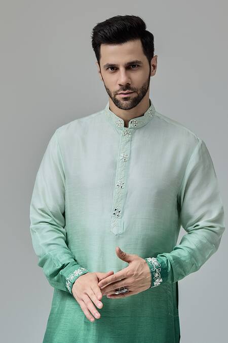 Shop_Chatenya Mittal_Green Silk Mirrors, Embroidery Flora Border Ombre Kurta For Kids_Online_at_Aza_Fashions