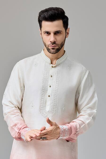 Chatenya Mittal White , Satin Embroidery Ombre Dori And Mirror Kurta For Kids Online at Aza Fashions Chatenya Mittal_White , Satin Embroidery Ombre Dori And Mirror Kurta For Kids_Online_at_Aza_Fashions