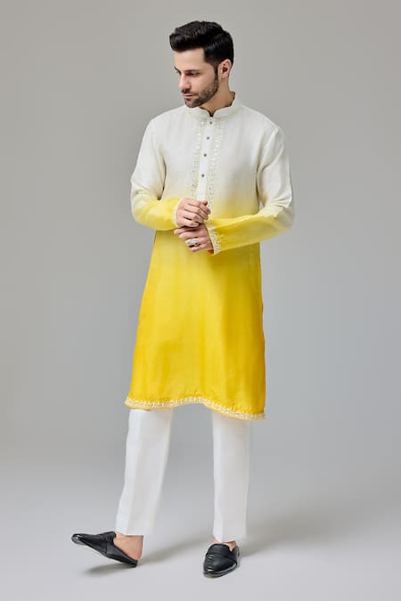 Chatenya Mittal_Yellow Silk Diamonds Floral Embroidered Ombre Kurta For Kids_Online_at_Aza_Fashions