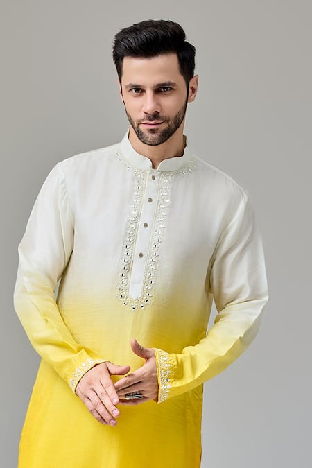 Buy_Chatenya Mittal_Yellow Silk Diamonds Floral Embroidered Ombre Kurta For Kids_Online_at_Aza_Fashions