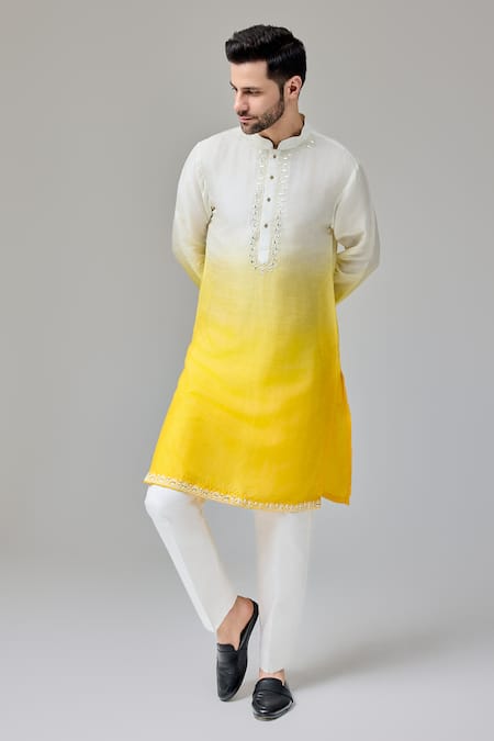 Shop_Chatenya Mittal_Yellow Silk Diamonds Floral Embroidered Ombre Kurta For Kids_Online_at_Aza_Fashions