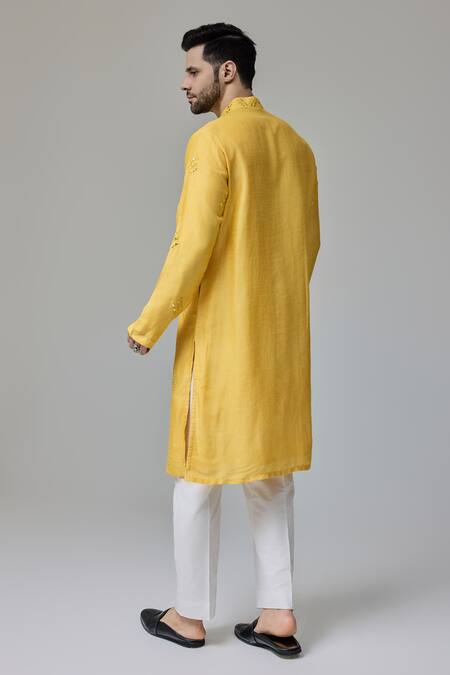 Shop_Chatenya Mittal_Yellow Cotton, Silk Mirrors Quad Embroidered Kurta _at_Aza_Fashions