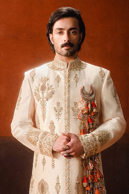 Shop_Masaba_Beige Silk, Dupion, Brocade Cut Work, Sequins Embroidered Sherwani Pant Set _at_Aza_Fashions